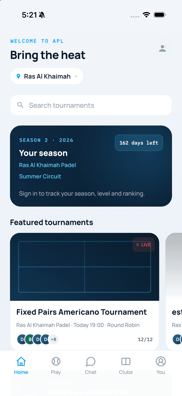 APL Padel Home tab showing featured tournaments and season card