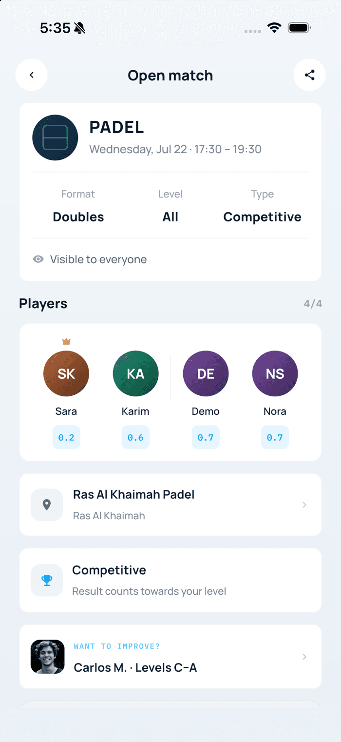 Open match detail screen with the player roster